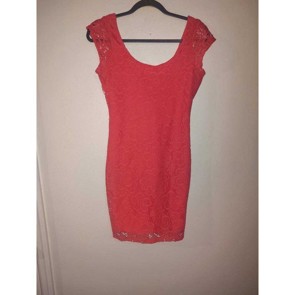 Snap Women Coral‎ Pink Floral Lace Bodycon Mini Dress Size S Scoop Neck Cocktail